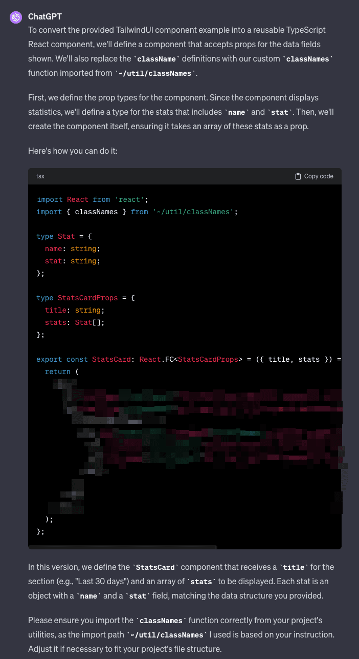 The output from ChatGPT showing a reusable React component.