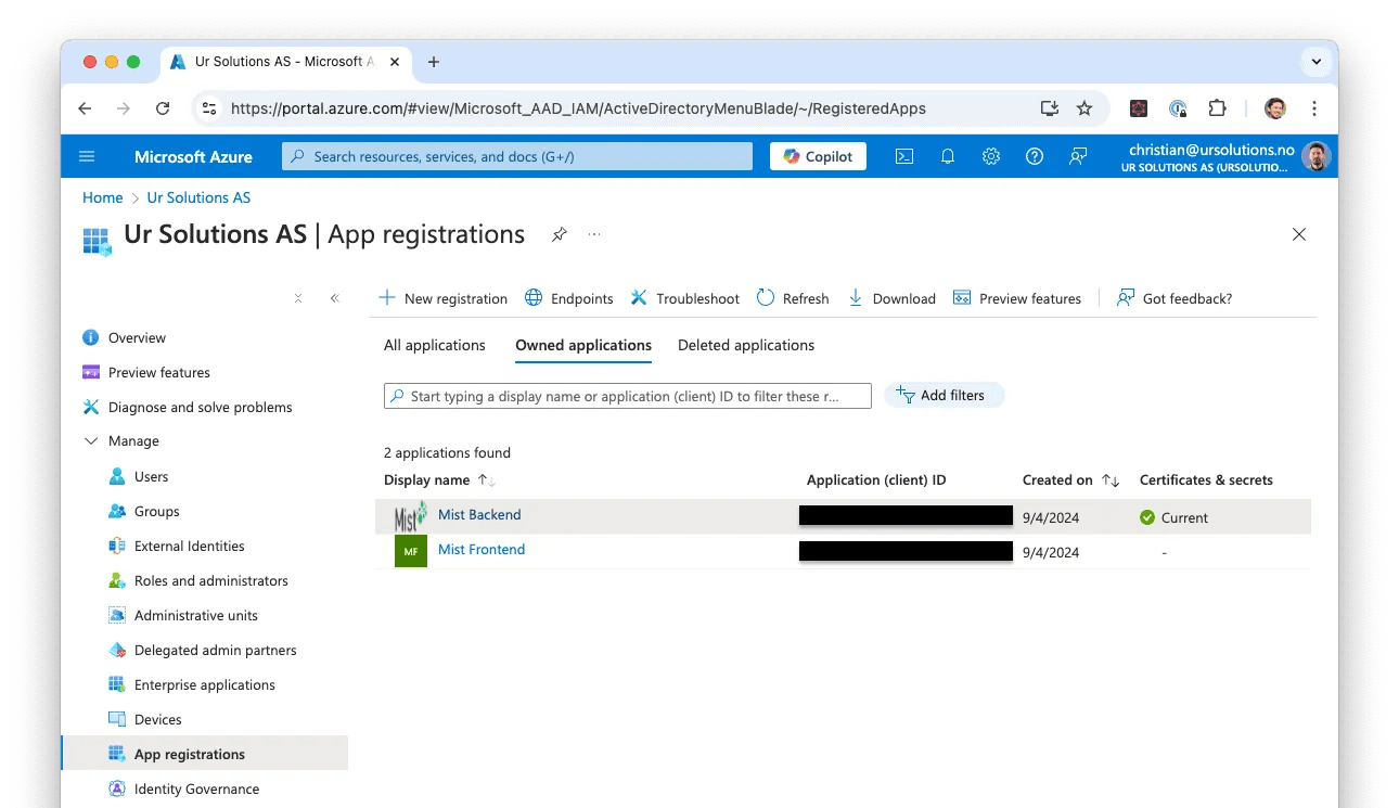 The Mist Frontend and Mist Backend app registrations in the Azure portal