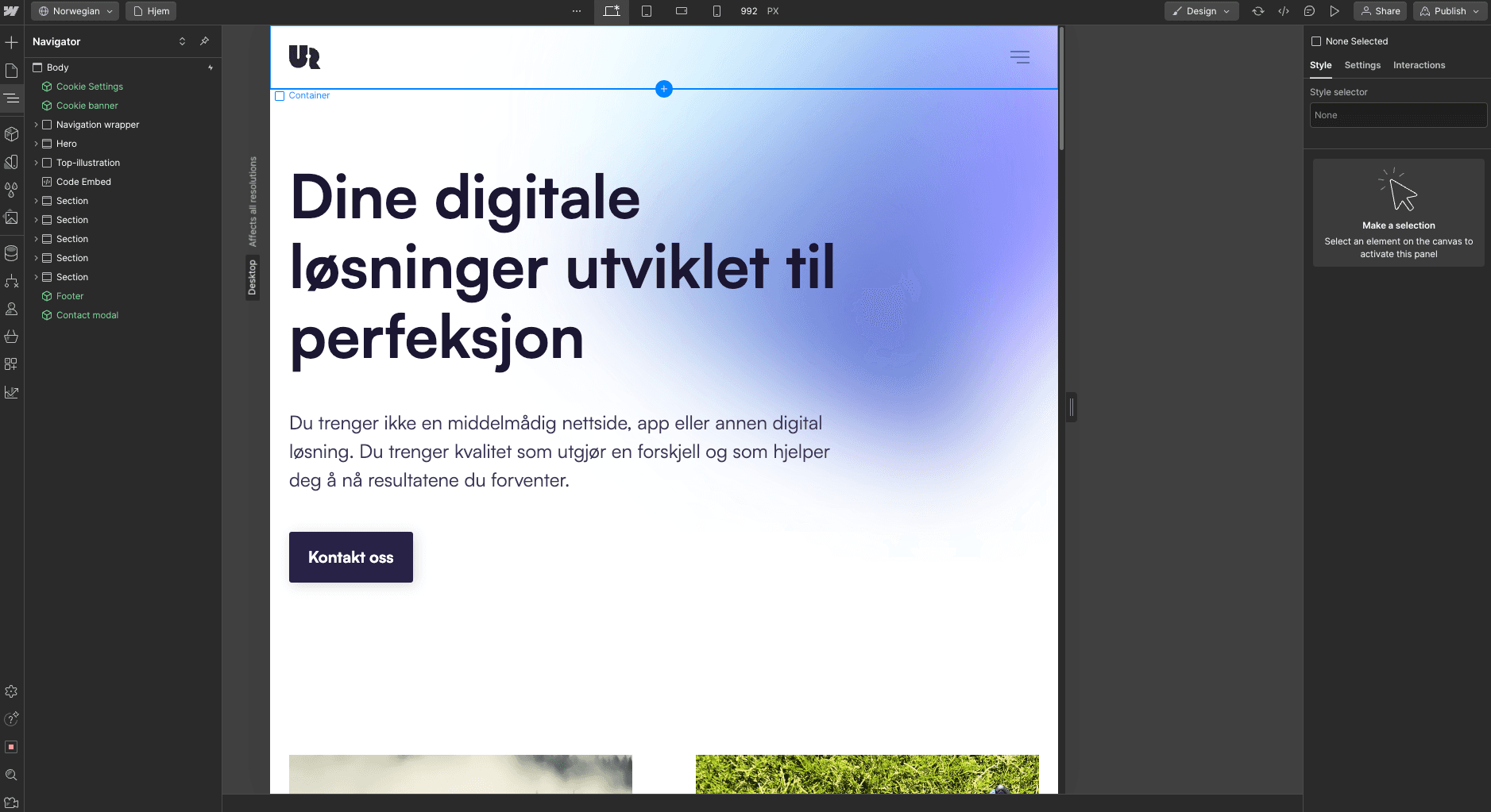 Webflow's designer interface.