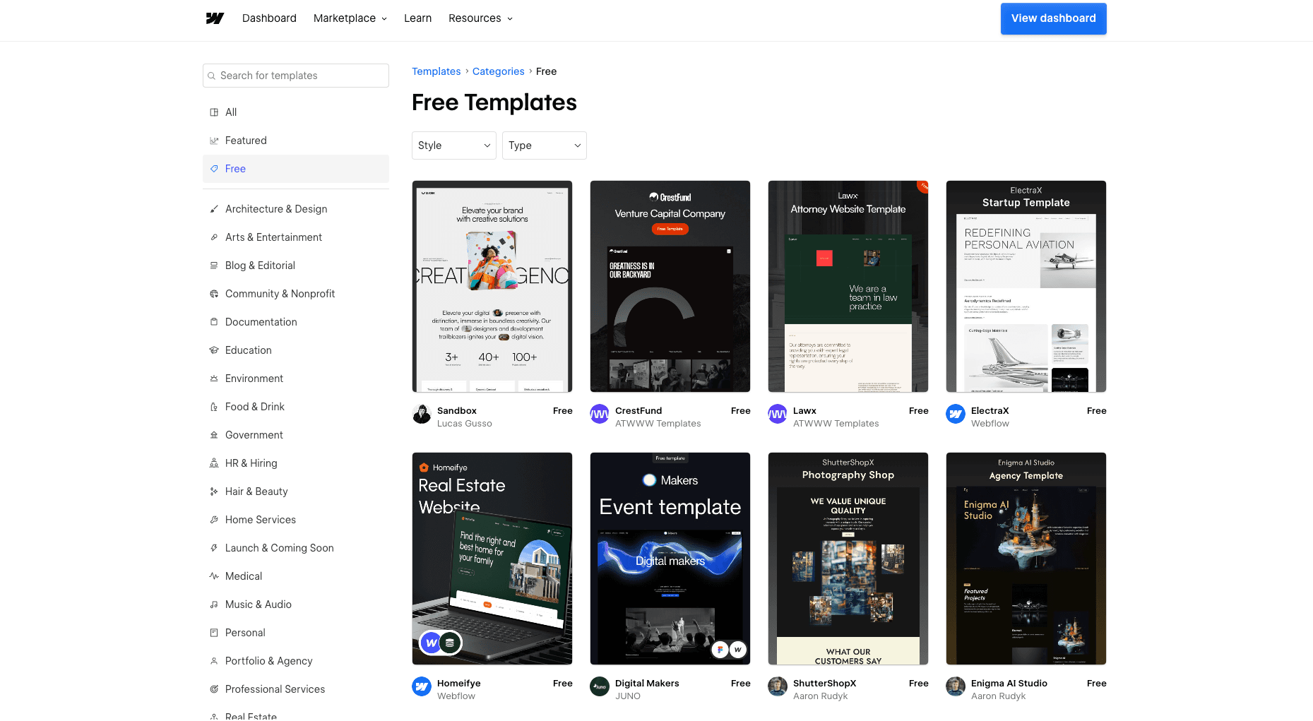 Free templates on Webflow's website.