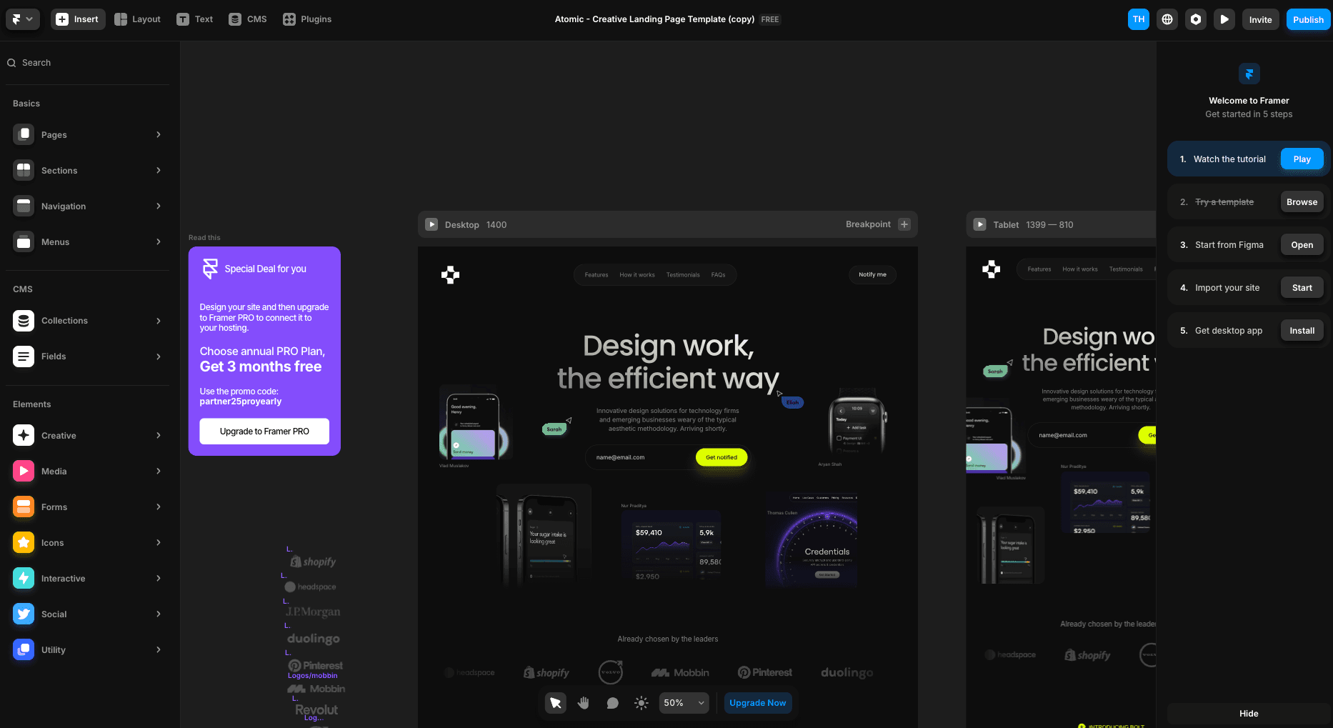 The editor for Framer with a free template.