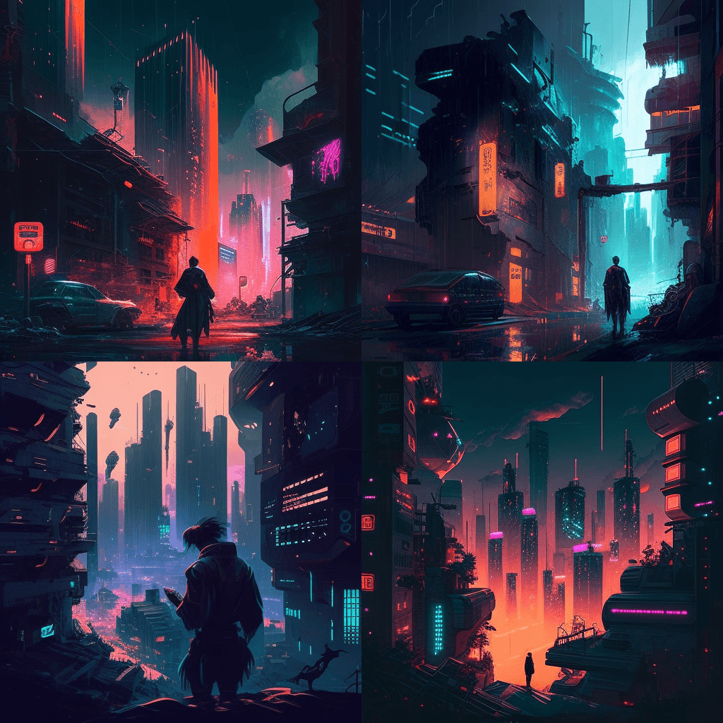 Four AI-generated motifs of a cyberpunk city