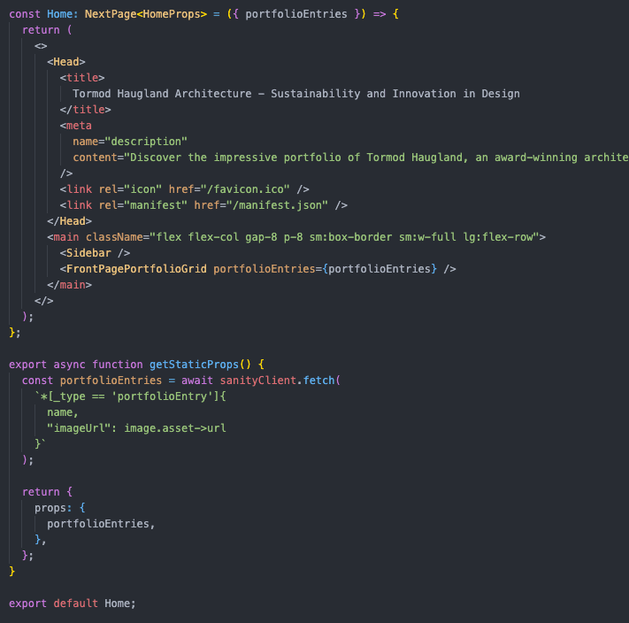 Code from the development of the portfolio website