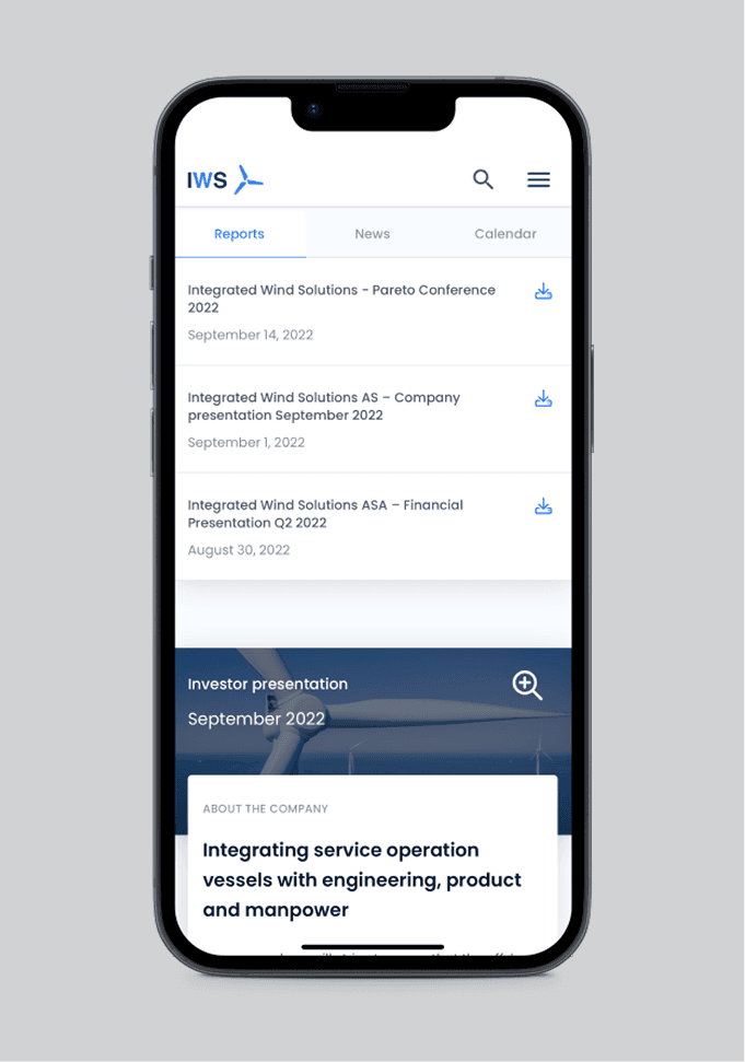Integrated Wind Solutions reports page displayed on a mobile phone
