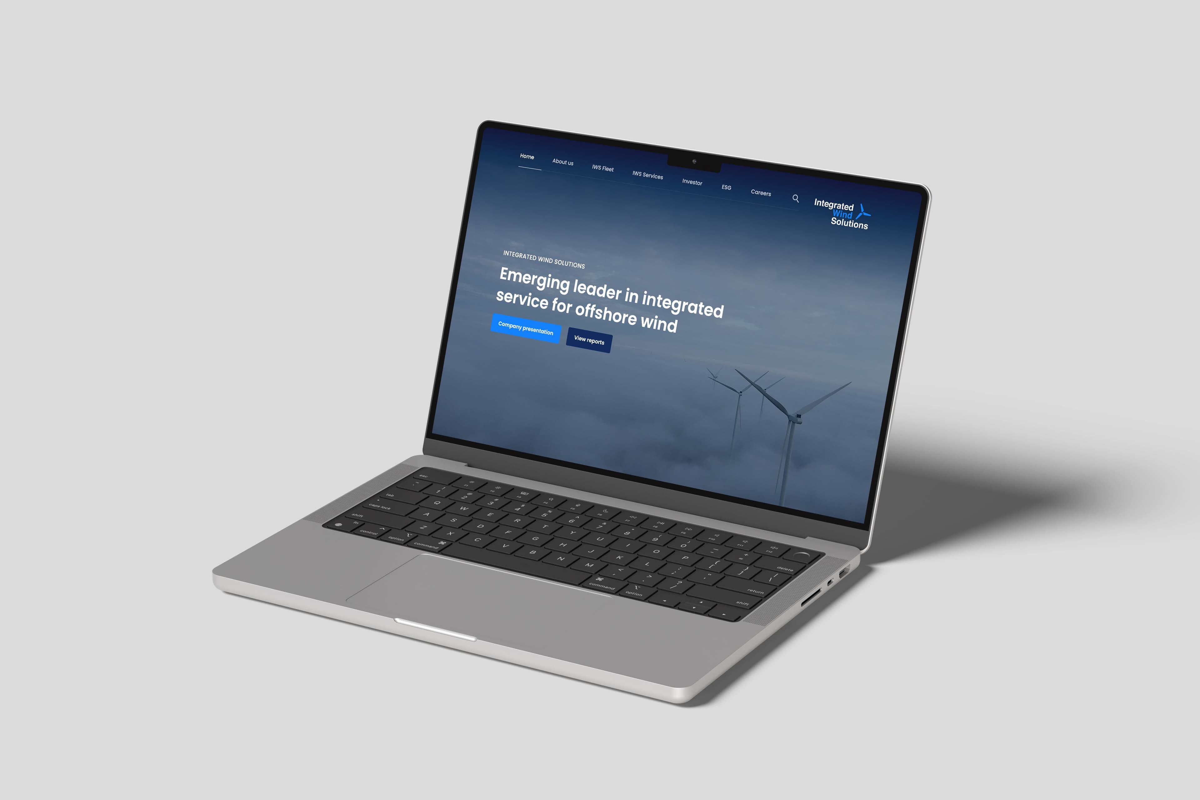 Laptop displaying the Integrated Wind Solutions website